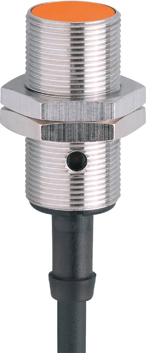 Metallsensor, zylindrisch, mit Edelstahlgehäuse und Gewinde. Oberseite hat ein ringförmiges Muster, ein Kabel ragt unten heraus.