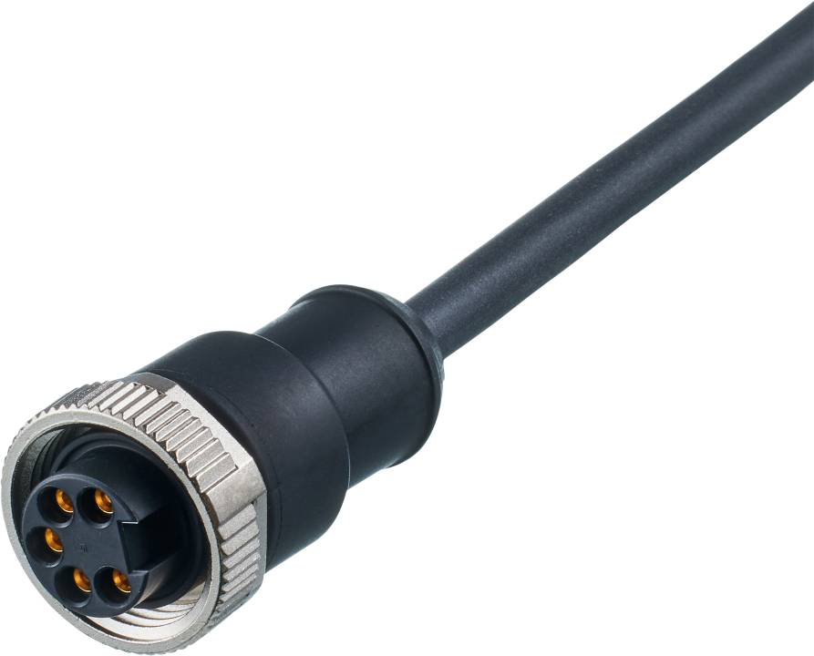 Ein schwarzes Kabel mit einem runden, metallischen Stecker und vier Pins am Ende, vor einem weißen Hintergrund.