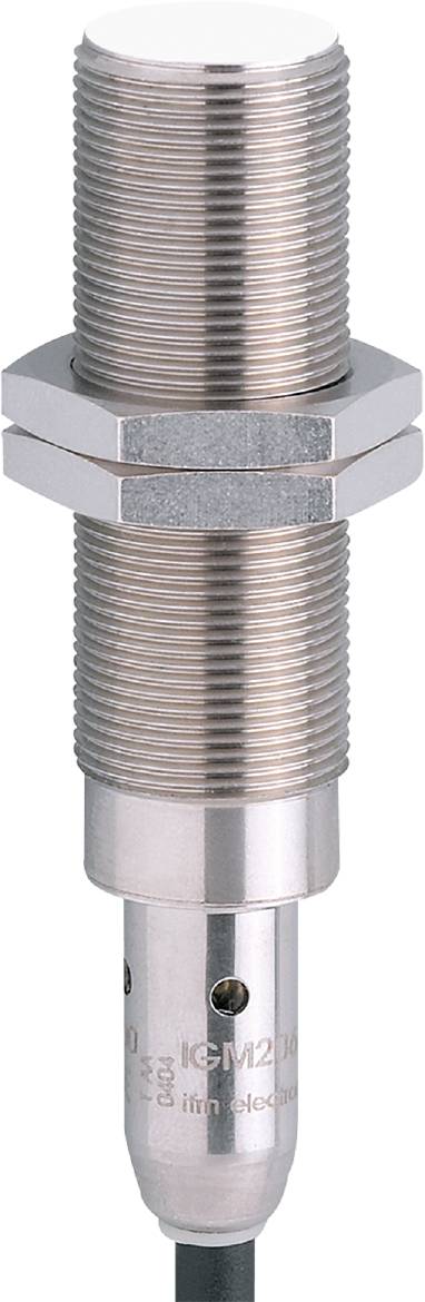 Nahaufnahme eines metallischen zylindrischen Sensors mit geripptem Gehäuse und sechseckiger Mutter. Geeignet für industrielle Anwendung.