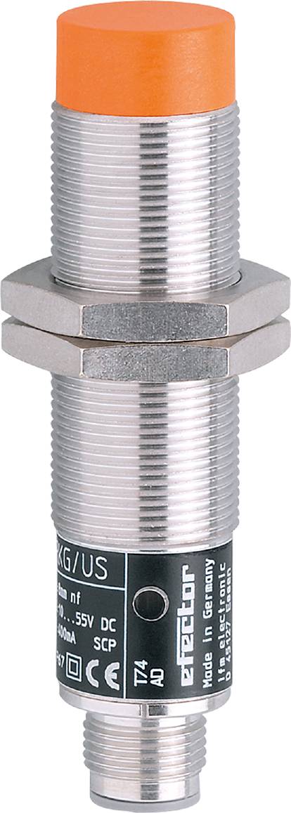 Silberner zylindrischer Sensor mit zwei Muttern zur Befestigung, zeigt ein technisches Gerät oder Teil eines mechanischen Systems.