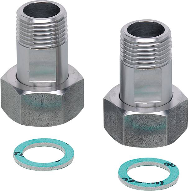 Zwei metallene Fittings mit Dichtungen, die zum Verbinden von Rohren verwendet werden. Sie zeigen Gewinde und sechseckige Basen.