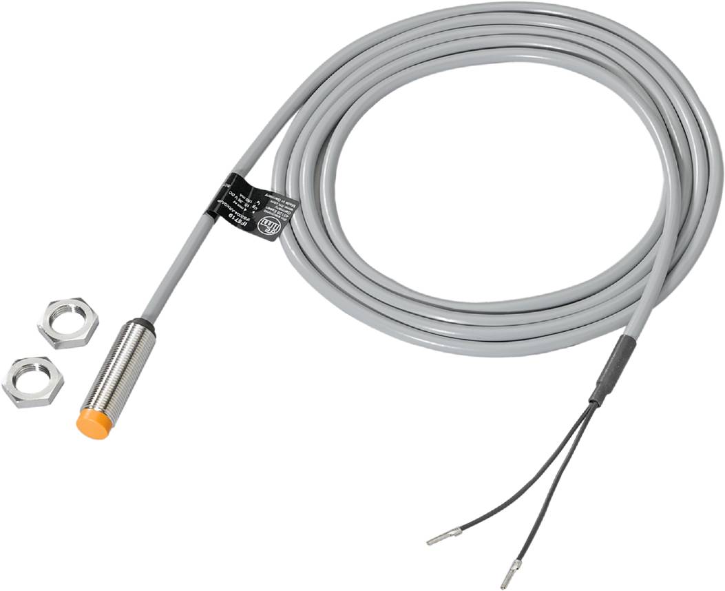 Ein zylindrischer Sensor mit Gewinde, einem orangefarbenen Kopf und einem langen grauen Kabel. Neben dem Sensor liegt eine Metallmutter.