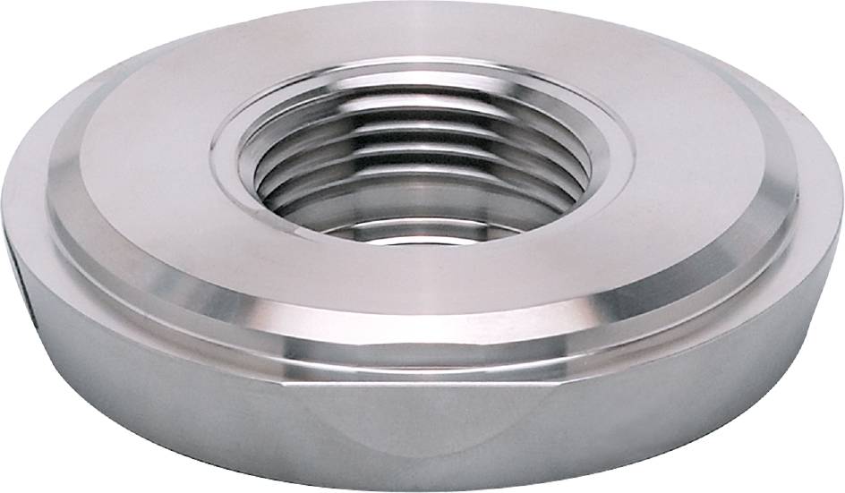 Silberfarbene, metallische Schraubenmutter mit Gewinde, auf weißem Hintergrund abgebildet.