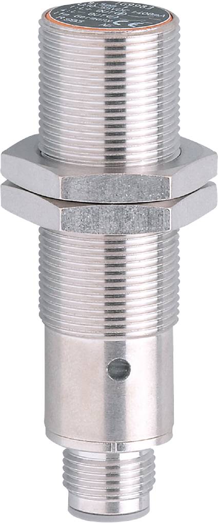 Zylindrischer Sensor aus Metall mit Gewinde, zwei sechseckige Muttern zur Befestigung an Geräte.
