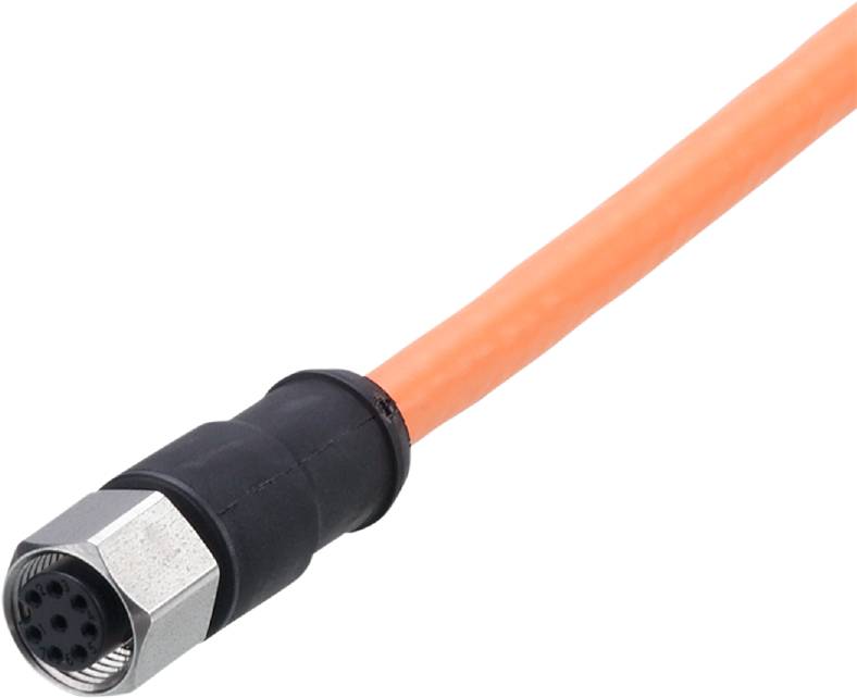 Ein orangefarbenes Kabel mit einem schwarzen, sechseckigen Stecker am Ende, geeignet für elektrische oder elektronische Verbindungen.