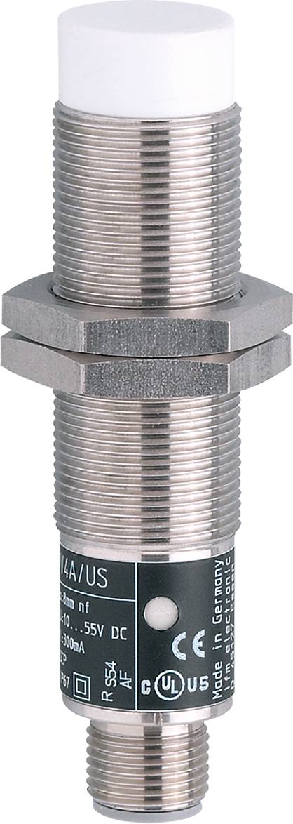 Metallsensor mit Schraubgewinde, zwei Sechskantmuttern und glatter Oberfläche, wahrscheinlich zur Erfassung von Positionen oder Abständen.