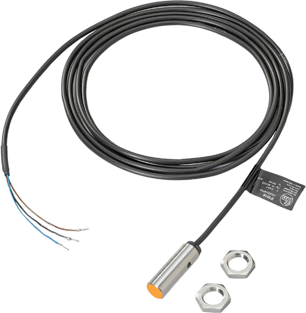 Zylindrischer Näherungssensor mit Kabel und zwei Befestigungsmuttern, geeignet für industrielle Anwendungen.