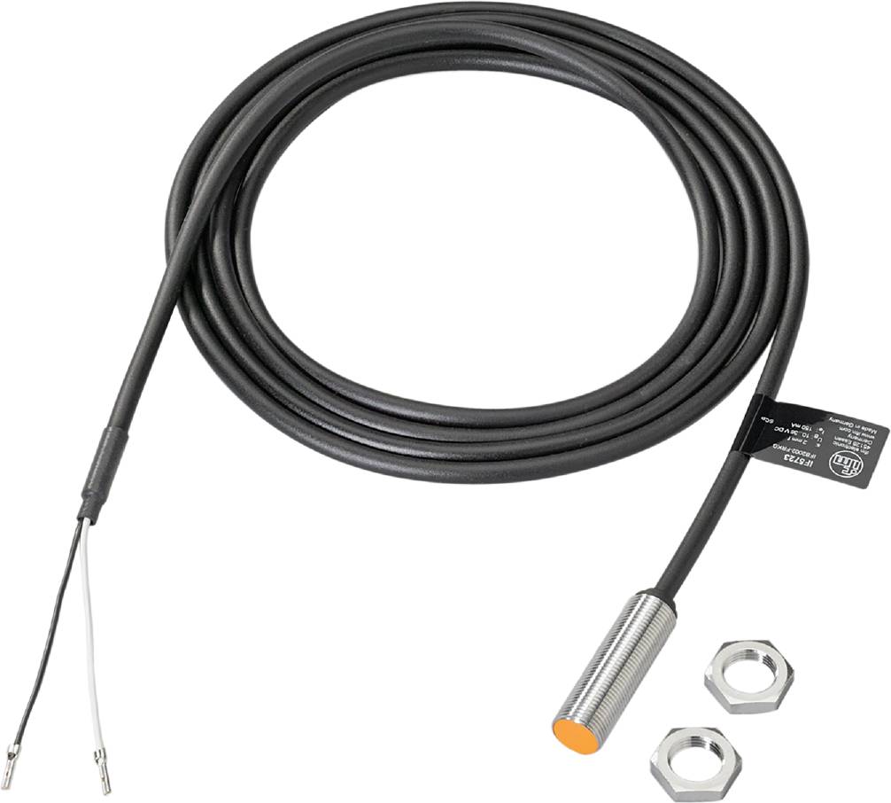 Zylindrischer Induktivsensor mit langem Kabel und zwei Sechskantmuttern. Geeignet zur berührungslosen Objektdetektion.