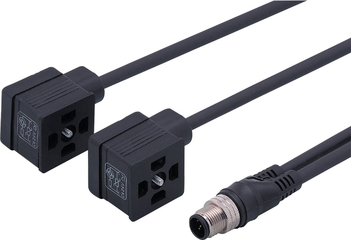 Zwei schwarze, quadratische Sensoren mit Kabeln, verbunden mit einem runden Stecker rechts.