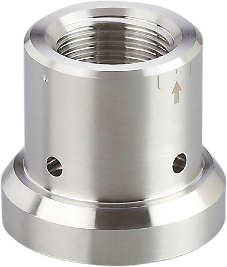 Metallischer Zylinder mit Schraubgewinde, weist eine Pfeilmarkierung auf. Verwendbar für Maschinen- oder Rohrverbindungen.