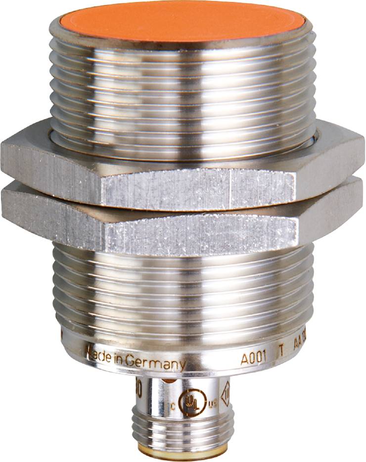 Zylindrischer Sensorkopf aus Metall, geeignet für Flüssigkeitsstandserkennung. Beschriftung: Made in Germany, A001 T AA.