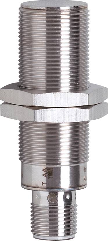 Metallsensor mit zylindrischem Gehäuse, Gewinde und Schraubverschluss. Typisch für industrielle Anwendungen zur Erkennung von Metallobjekten.