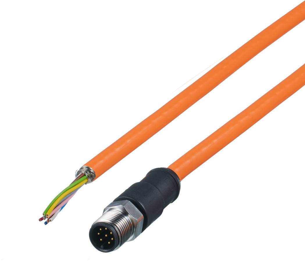 Ein orangefarbenes Kabel mit einem Metallstecker und offenen, farbigen Drähten am anderen Ende.