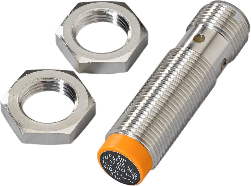 Zylindrischer Induktionssensor mit zwei Sechskantmuttern, silberfarben mit orangefarbener Spitze, häufig in industrieller Automatisierung verwendet.