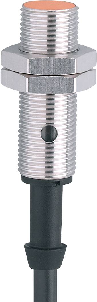 Ein zylindrischer Metall-Photosensor mit Gewinde und einem dunklen Kunststoffteil am unteren Ende; mittig ein kreisförmiges Loch.