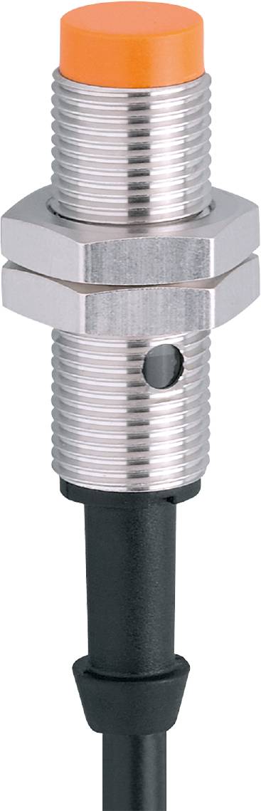 Ein zylindrischer, metallischer Näherungssensor mit geripptem Gehäuse und rundem Erfassungsbereich. Entworfen für industrielle Anwendungen.