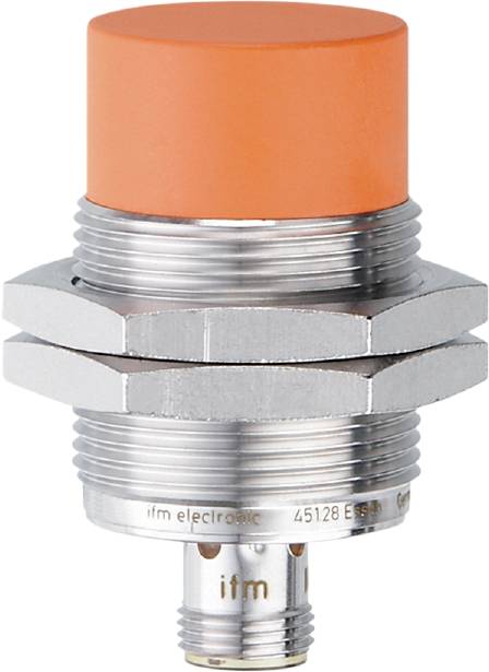 Ein zylindrischer Sensorkopf mit orangefarbener Kappe und silbernem Gewinde, wahrscheinlich ein Teil eines industriellen Sensors.
