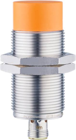 Metallsensor im zylindrischer Form mit Gewinde und zwei Muttern, genutzt für industrielle Anwendungen zur Erkennung von Objekten.