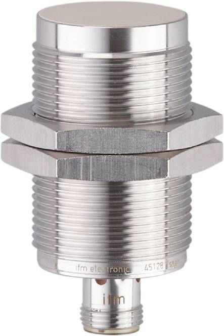 Zylindrischer Sensor aus Metall mit Gewinde und Sechskantmutter, wahrscheinlich für industrielle Anwendungen geeignet.