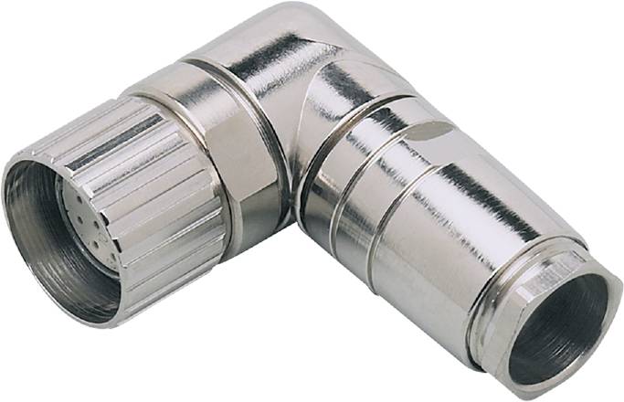 Ein Edelstahl-Winkelverbinder mit zwei Gewinden an beiden Enden, geeignet für Rohrleitungen oder technische Verbindungen.