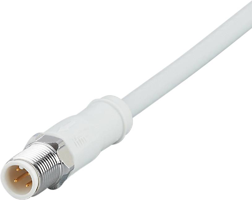 Ein weißes Koaxialkabel mit einem silbernen F-Stecker am Ende, verwendet zur Verbindung von Fernsehern oder Antennenanlagen.