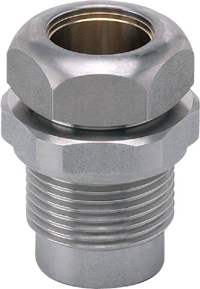 Eine Metallverschraubung mit sechseckigem Kopf und Schraubengewinde aus Edelstahl. Verwendung zur sicheren Verbindung von Rohrleitungen.
