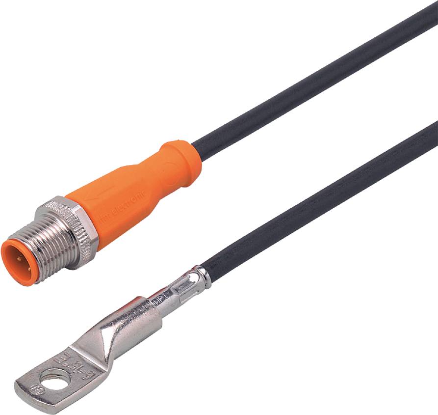 Ein schwarzes Kabel mit orangefarbenem Stecker und silberner Öse.