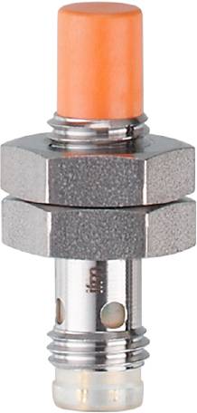 Industrieller Sensor mit orangefarbenem Draht, befestigt an einer Metallstruktur, zeigt Detail der strukturierten Oberfläche.