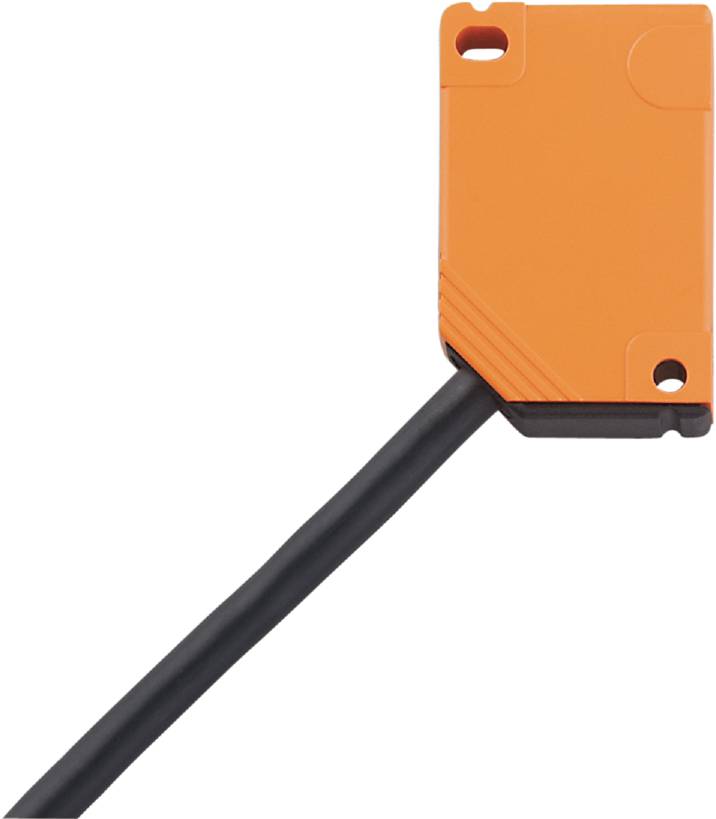 Ein orangefarbener Sensor mit Kabel zur Datenübertragung. Es hat eine rechteckige Form und wird in industriellen Anwendungen verwendet.