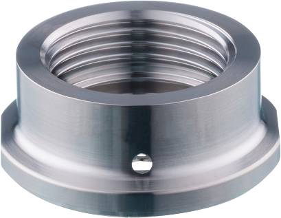 Metallisches zylindrisches Bauteil mit Innengewinde und seitlichem Loch, möglicherweise für Verbindungen oder Befestigungen.