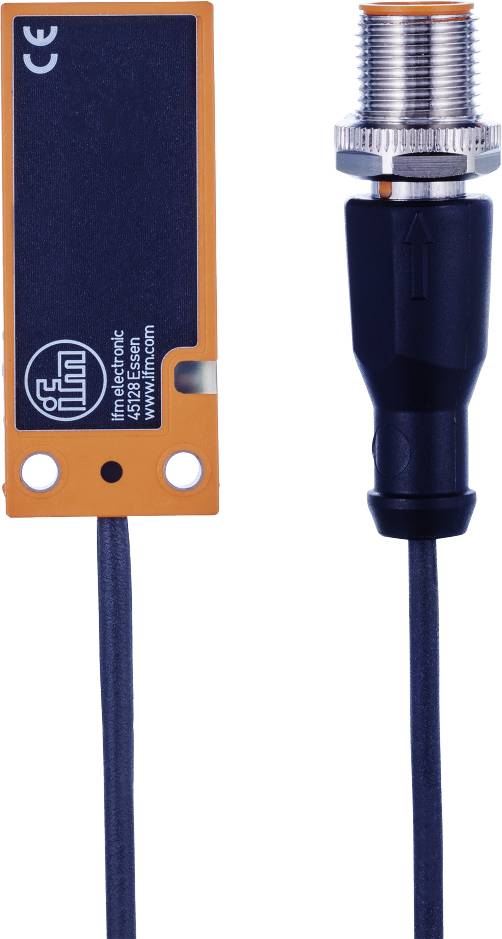 Ein Näherungssensor von ifm electronic in Orangetönen mit Kabelanschluss.