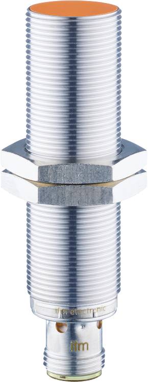 Metallsensor in zylindrischer Form mit Gewinde und zwei Muttern; verwendet in industriellen Anwendungen zur Objekterkennung.