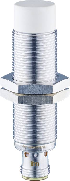 Nahaufnahme eines zylindrischen, silbernen Sensors mit Gewinde und sechseckiger Mutter, vor weißem Hintergrund.