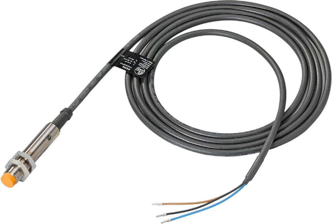 Ein schwarzes Kabel mit einem Stecker auf der einen Seite und drei freiliegenden Drähten in Braun, Blau und Grau auf der anderen Seite.