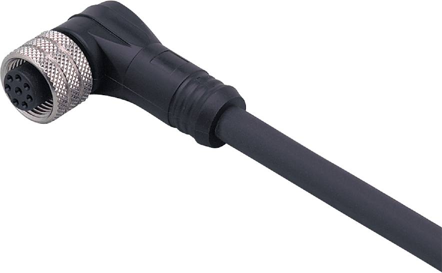 Nahaufnahme eines schwarzen Winkelsteckers mit Metallgehäuse und Kabel, verwendet für Audio- oder Videoverbindungen.