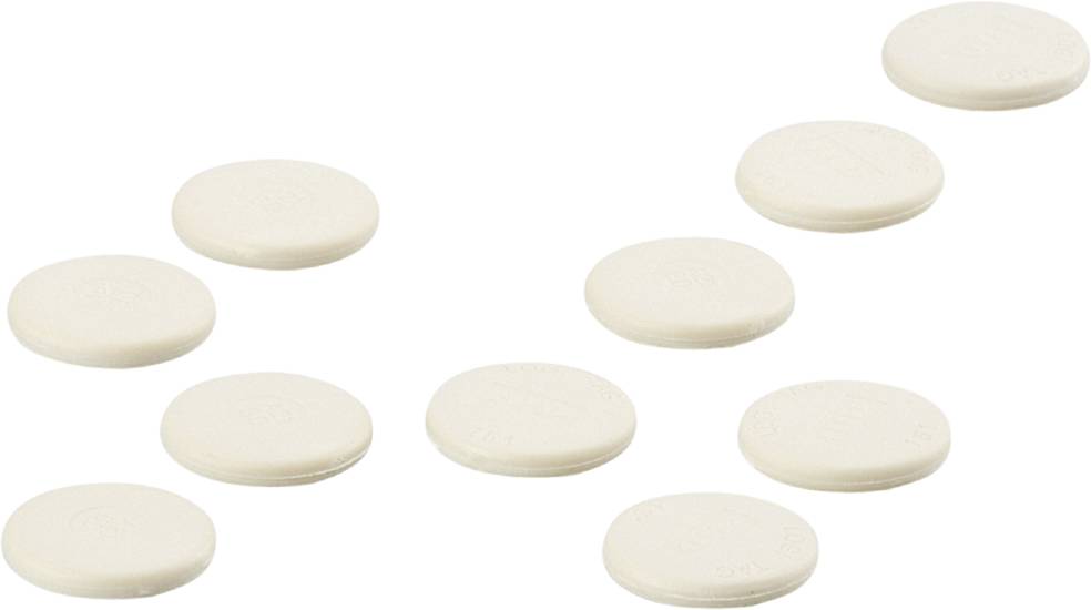Mehrere weiße runde Tabletten auf einem weißen Hintergrund, gleichmäßig verteilt.