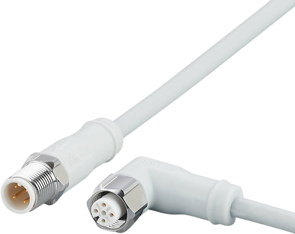 Ein weißes, abgewinkeltes Anschlusskabel mit sechspoligem Stecker für elektronische Geräte auf weißem Hintergrund.