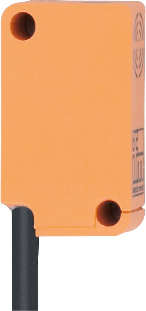 Ein rechteckiger, orangefarbener Sensor mit schwarzem Sockel und runder Öffnung an der Unterkante, seitlich ein aufgedrucktes Logo.