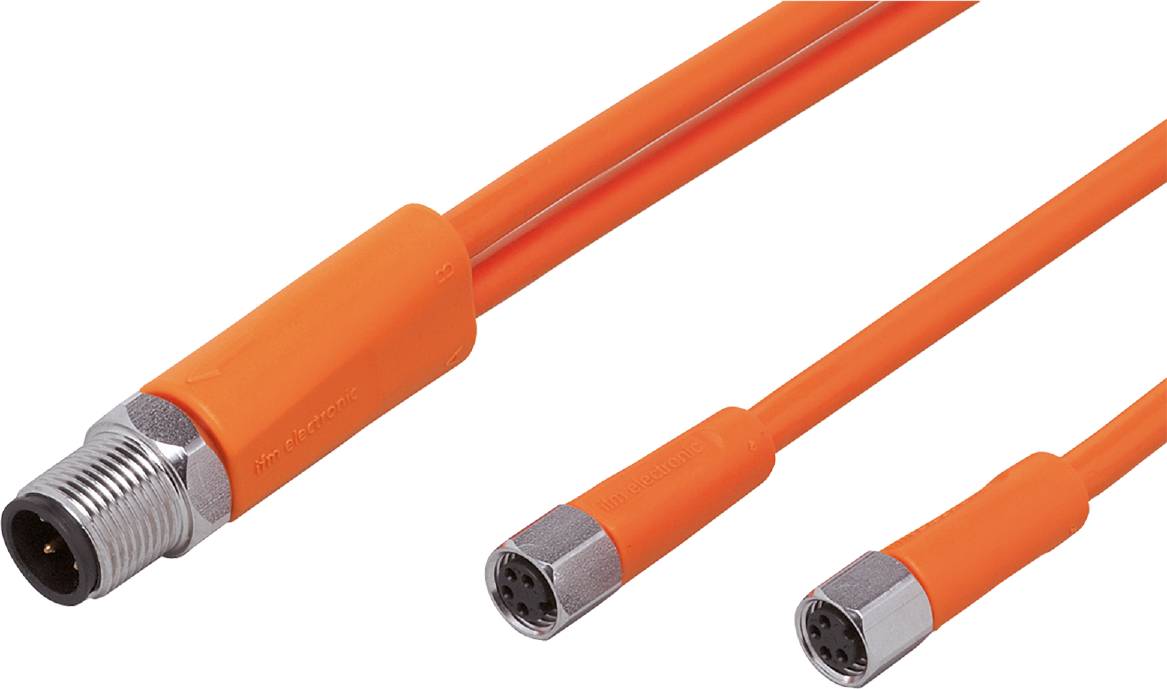 Zwei orangefarbene elektrische Steckverbinder mit Kabeln und sechseckigen Anschlüssen, die eine sichere Verbindung darstellen.