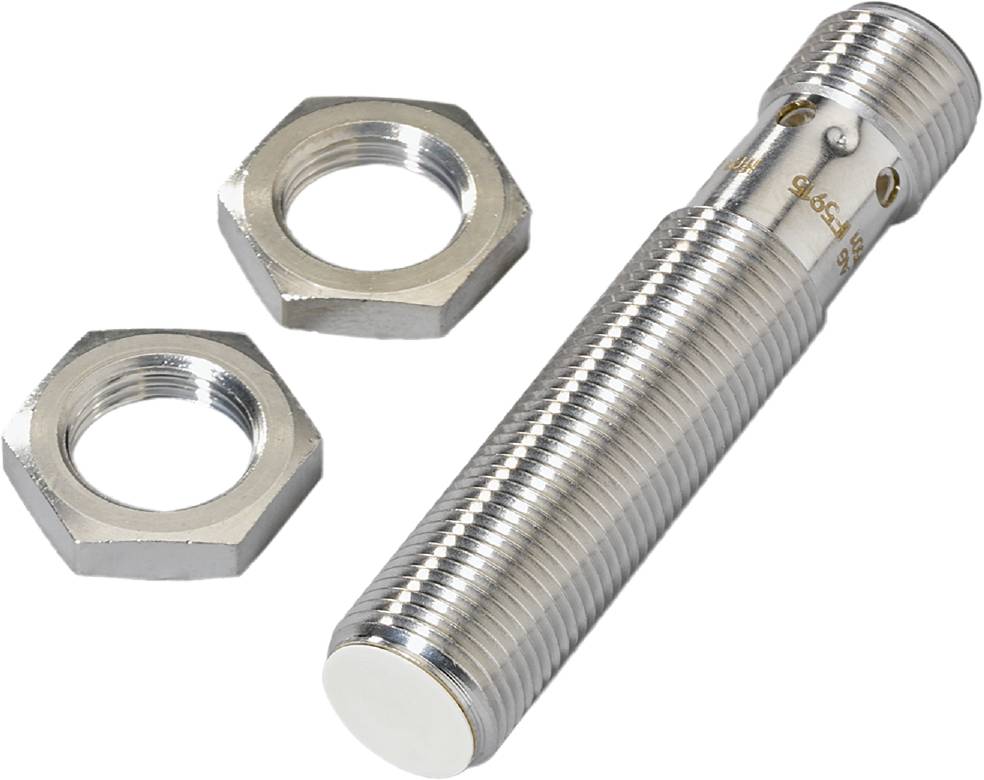 Zylinderförmiger Metallsensor mit zwei zugehörigen Muttern, typischerweise zur Erkennung oder Messung in mechanischen oder industriellen Anwendungen verwendet.