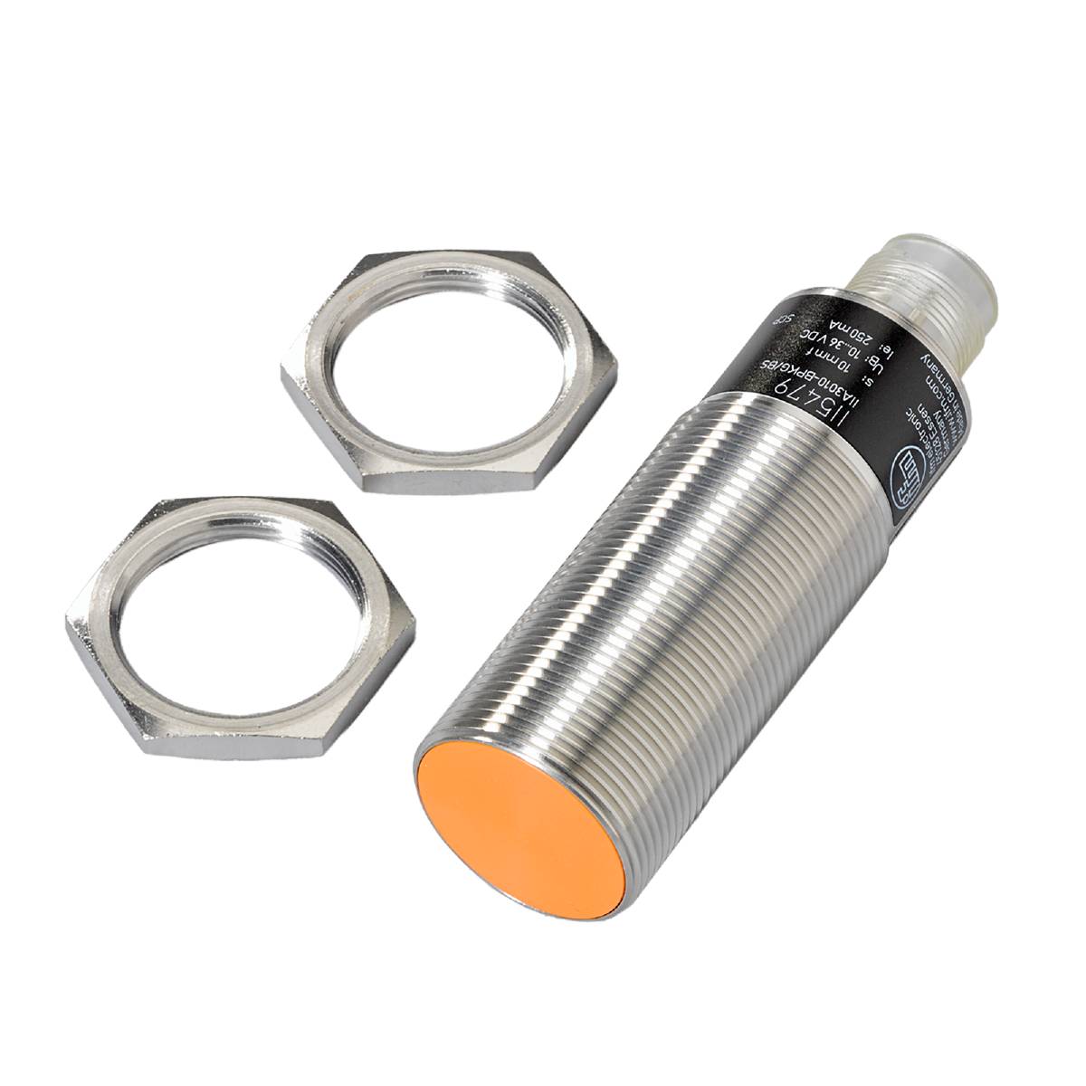 Ein zylindrischer Induktionssensor mit zwei Muttern, schwarz beschriftet, sticht durch eine orangefarbene Endfläche hervor.