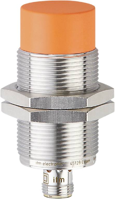 Ein orangefarbener, zylindrischer Näherungssensor mit Metallschraubgewinde, geeignet für industrielle Anwendungen.