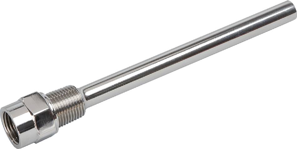 Ein silberner Metallstab mit Gewinde an einem Ende, möglicherweise Teil eines Rohrsystems oder Werkzeugs.