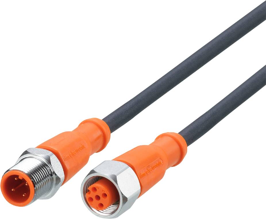 Zwei orangefarbene, miteinander verbundene Stecker, die für industrielle Anwendungen verwendet werden, auf weißem Hintergrund.