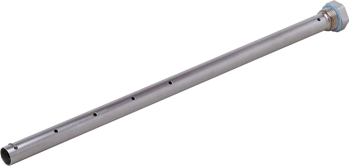 Silberne Metallröhre mit kleinen, gleichmäßig verteilten Löchern entlang ihrer Länge.