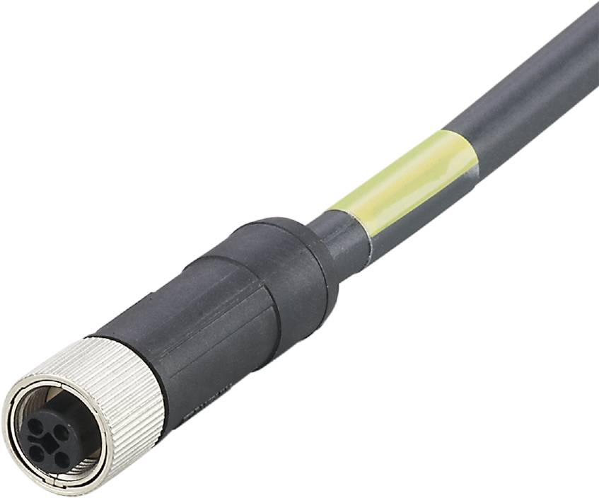 Schwarzes Rundsteckerkabel mit vier Pins, seitliche Ansicht. Geeignet für elektronische oder technische Anwendungen.