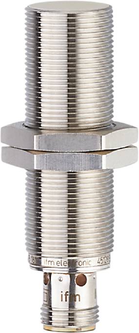 Nahaufnahme eines vernickelten, zylindrischen Sensors mit Gewinde und zwei Haltemuttern.