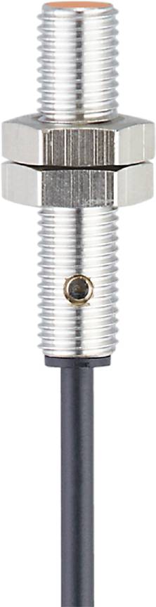 Metallischer zylindrischer Sensor mit gerippter Oberfläche und kleiner runder Linse in der Mitte, Verbindungskabel unten sichtbar.