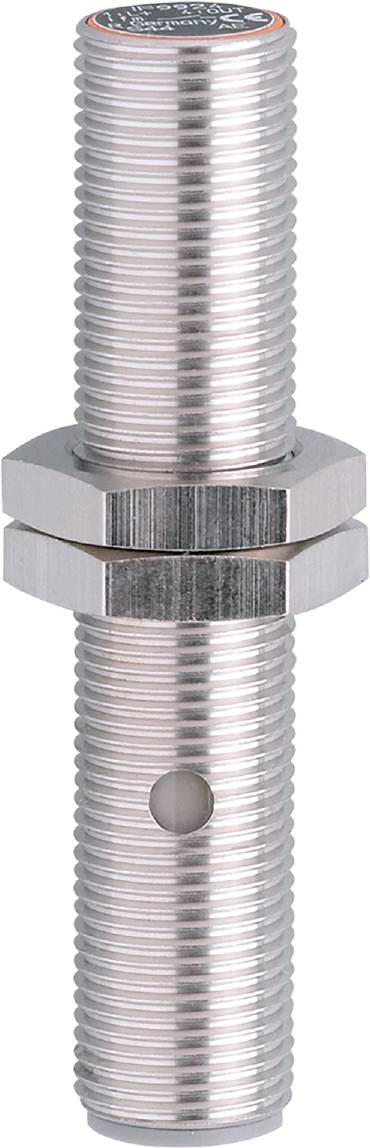 Ein silbernes, zylindrisches Metallteil mit Gewinde und zwei hexagonalen Muttern.