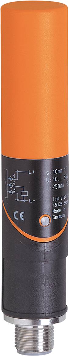 Ein orange-schwarzer Zylinder zeigt Schaltplan und technische Informationen: Spannung (U) 10...30V, Strom (I) 250mA. Modell: ifm 45128.
